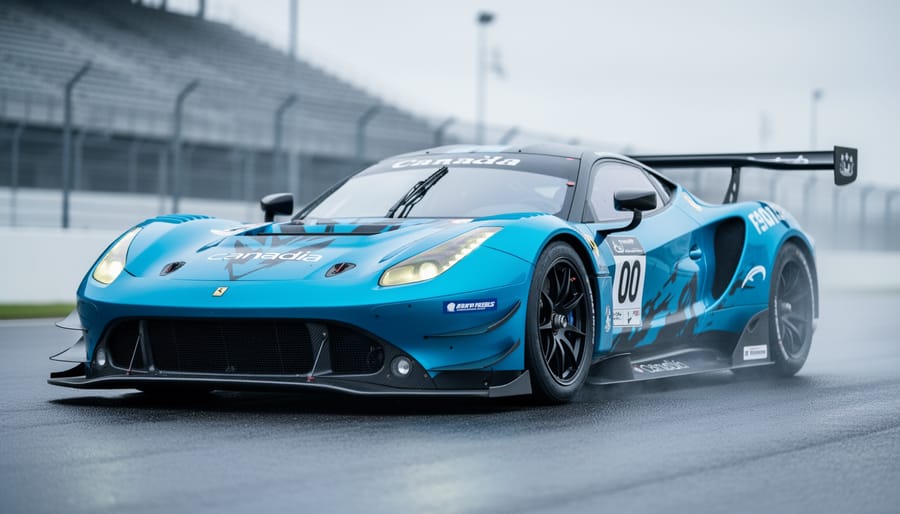 Low-angle close-up of a Canadian GT race car in sharp focus with a cleanly isolated background, blurred grandstands and wet track reflections, and visible tire smoke and carbon fiber details under bright overcast light