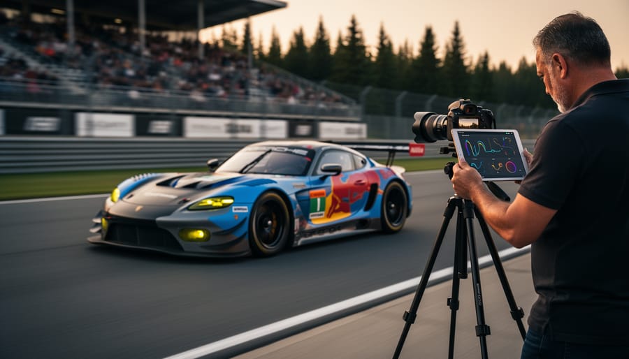 Low-angle panning view of a GT race car at speed on a Canadian racetrack at golden hour, with a trackside photographer using a tablet near a tripod-mounted camera; shallow depth of field and blurred grandstands and evergreen trees behind.