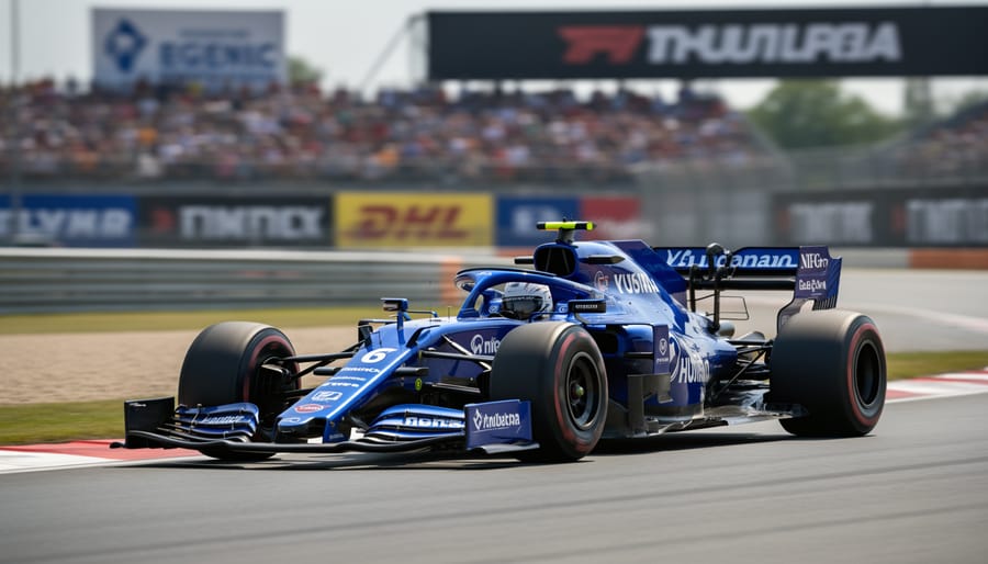 Race car on track with cluttered background of safety barriers, advertising, and crowds
