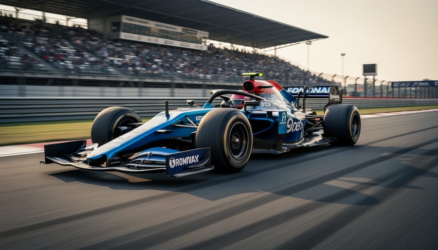 Race car in motion on Canadian racing circuit with motion blur effect