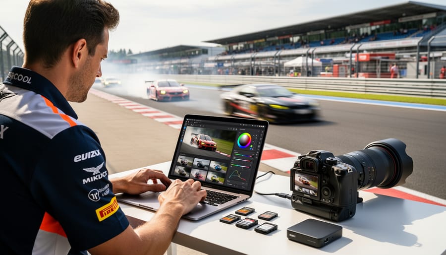 Motorsport photographer's editing workstation with computer monitors displaying racing photos