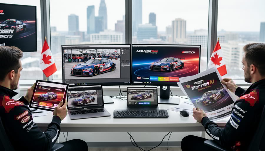 Racing team members working with race car photos on digital devices in garage setting