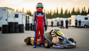 Young kart driver in racing suit standing beside a kart in a sunlit paddock, with trailers, tire stacks, and evergreen trees softly blurred in the background