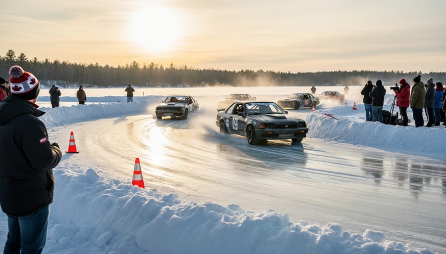 Rally car competing in ice racing event on frozen lake surface in Canada