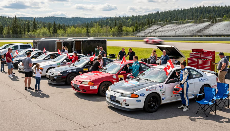 Amateur race car cornering on Canadian circuit during grassroots racing event