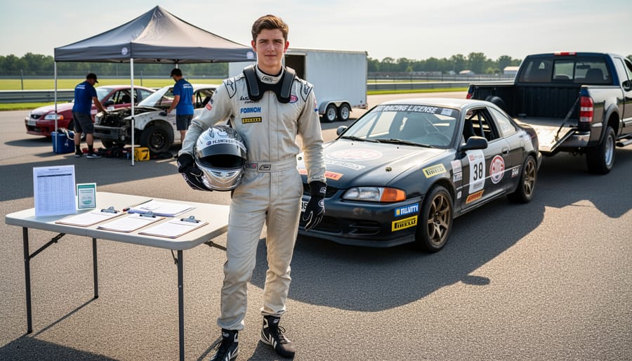 Race driver preparing safety equipment before grassroots racing event