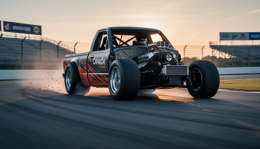Low-angle view of a modified racing pickup truck speeding through a road-course corner with visible roll cage and tire traction.