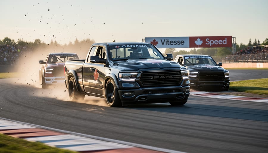 A high-speed pickup truck race car speeding along a Canadian racetrack with stadium lighting.