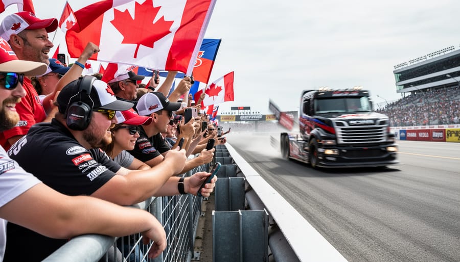 Race fans watching from the stands at a truck racing event in Canada.