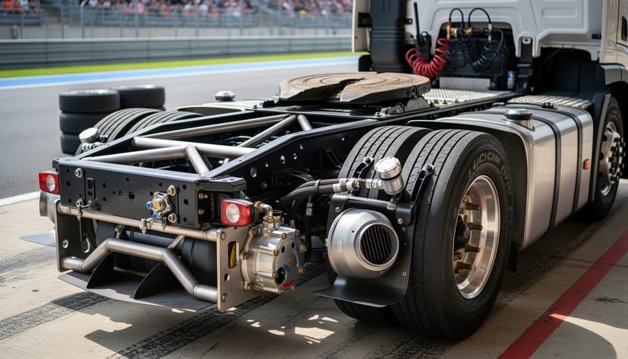 Close-up of a truck racing vehicle’s engine bay and suspension components in a pit area.