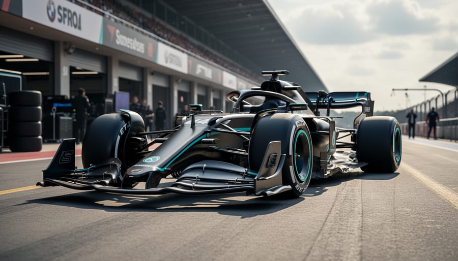 Low-angle view of a futuristic Formula 1 car parked in a pit lane with aerodynamic details in sharp focus and blurred garages in the background.