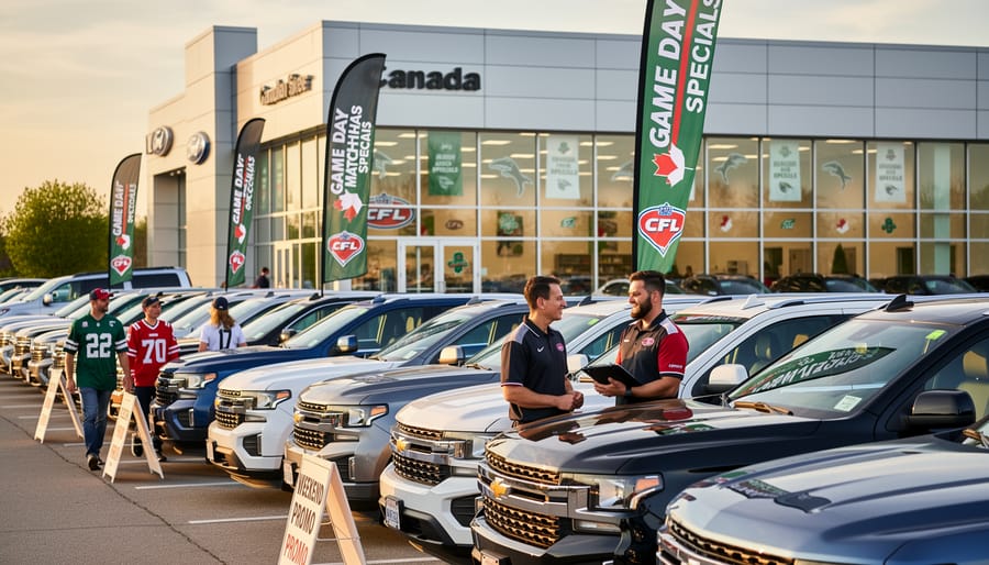 A dealership-style vehicle lot with multiple cars parked under an overcast sky, looking toward a stadium in the distance