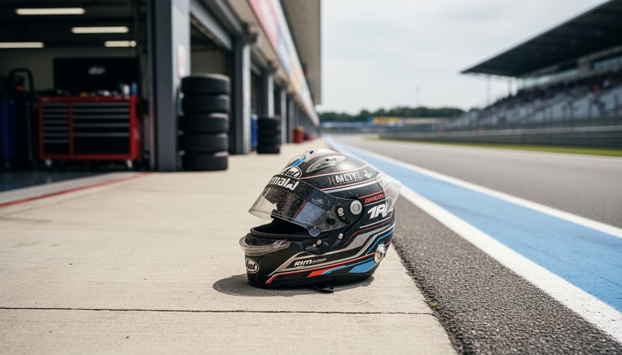 A NASCAR-style driver helmet resting on a pit wall near a garage bay