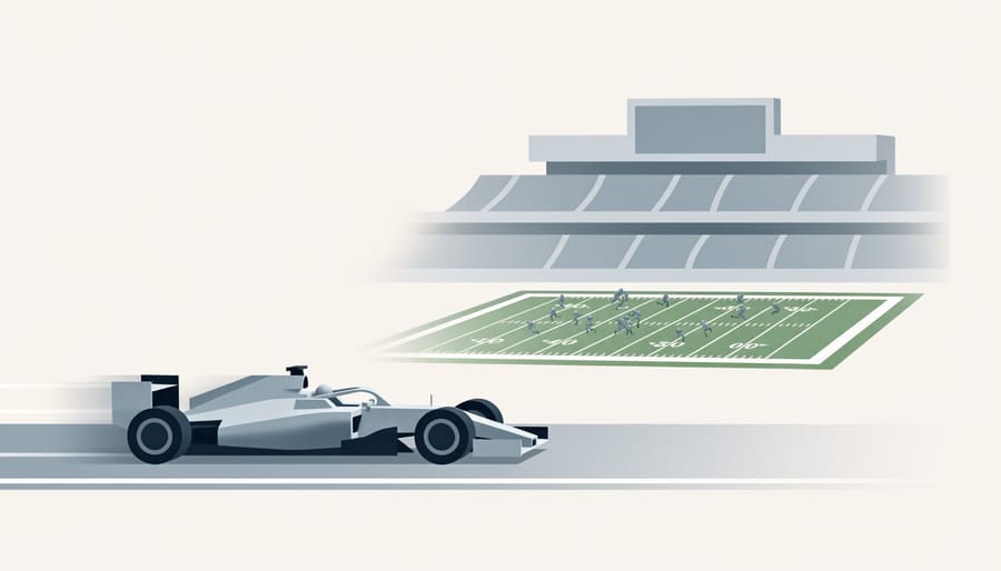 A race car parked near a trackside grandstand area suggesting crossover between motorsports and football events