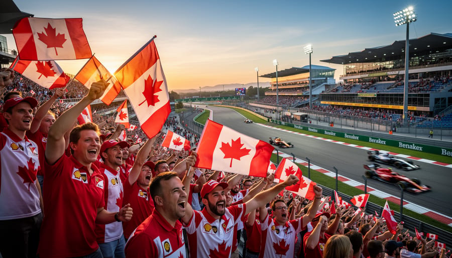 Canadian Formula 1 fans cheering in the stands at a racetrack during golden hour