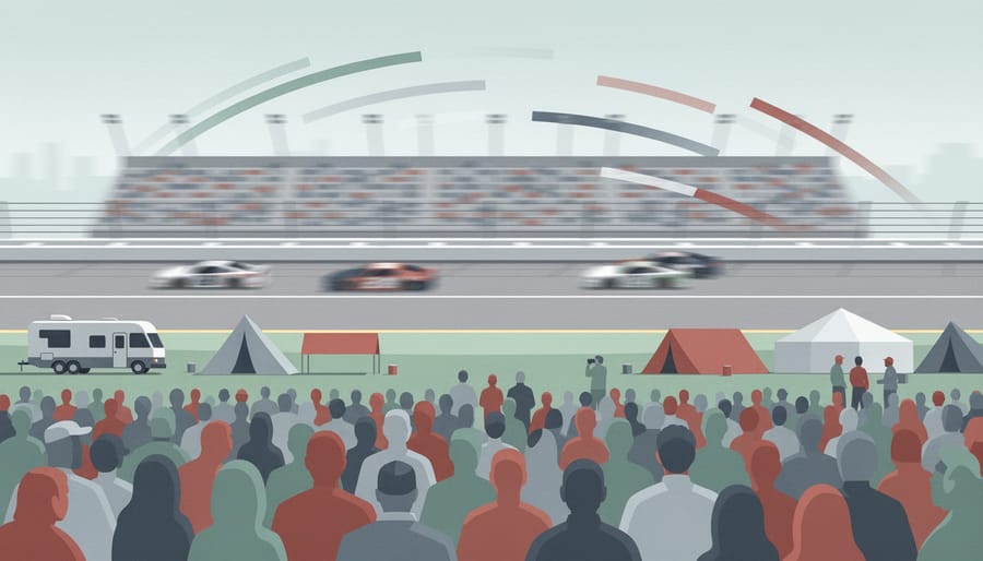 Canadian NASCAR fans gathered in the Talladega infield fan zone during golden hour with the track visible in the background.