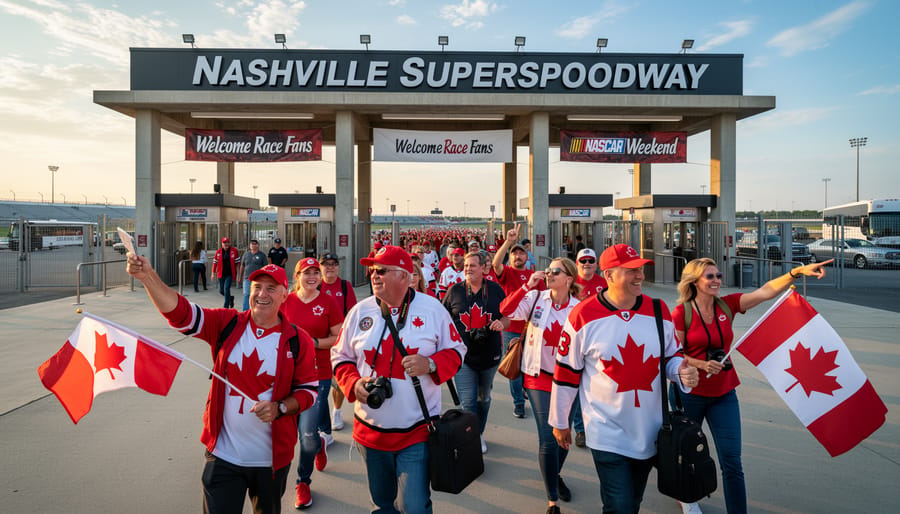 Canadian NASCAR fans walking toward Nashville Superspeedway gates with excitement