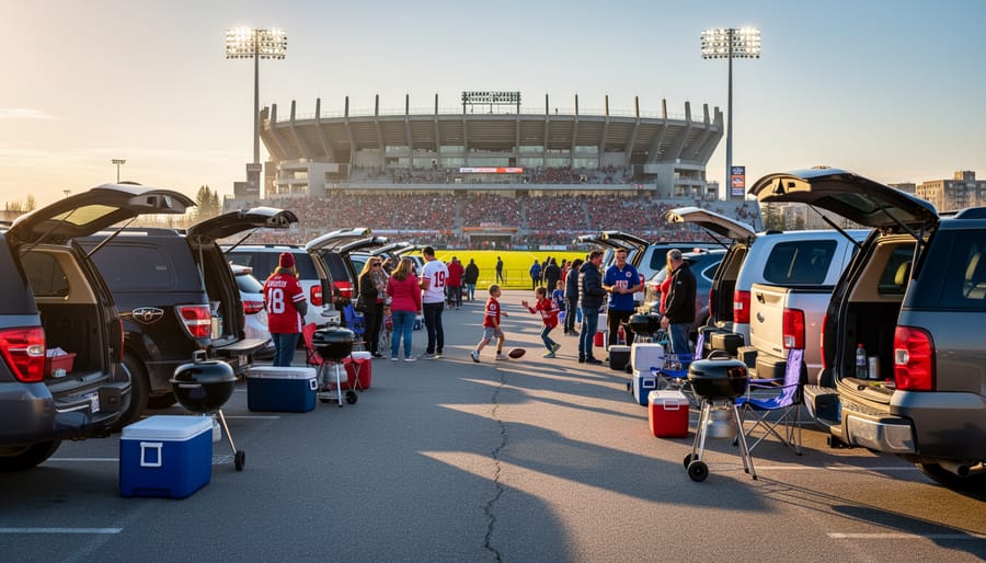 Canadian CFL game day tailgate with trucks and SUVs parked outside a stadium, stadium lights and field visible in the distance.