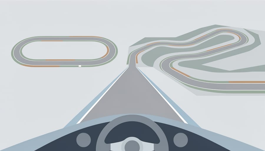 Close-up of a race driver’s helmet visor and steering wheel during a road-course drive with blurred track barriers in the background.