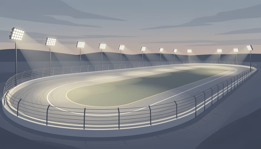 Close view of North Wilkesboro Speedway track surface and catchfence at dusk