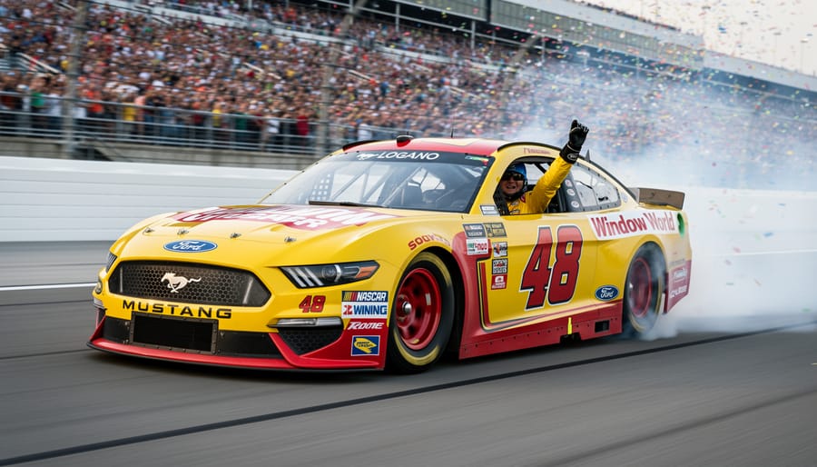 Joey Logano in his race car during a victory lap at the Window World 450