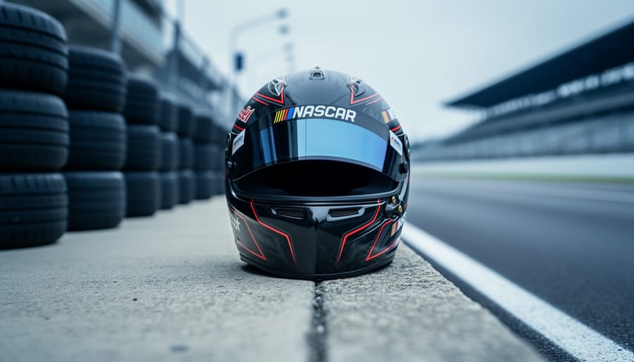 “A driver helmet placed at the edge of a NASCAR pit lane, with the racetrack pit area blurred in the background.”