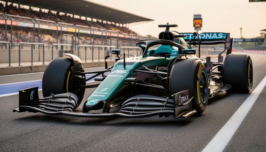 Low-angle view of a modern Formula 1 car in a pit lane with aerodynamic details visible