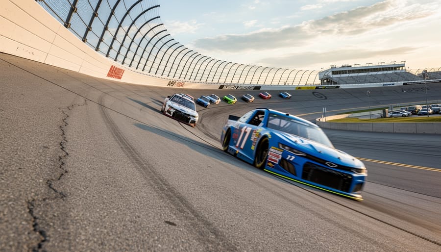Low-angle view of a NASCAR car speeding on Nashville Superspeedway’s concrete track banking