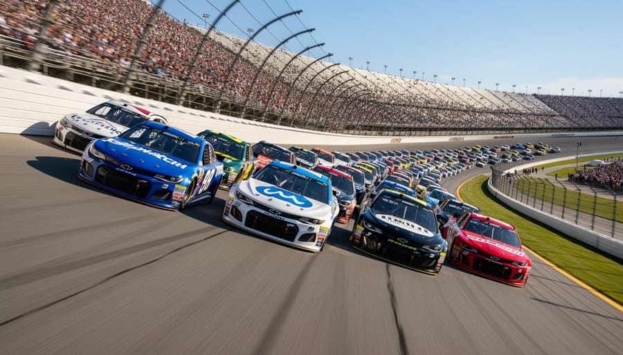 Low-angle view of a NASCAR stock car racing on Talladega’s high-banked turn with other cars blurred in the background.