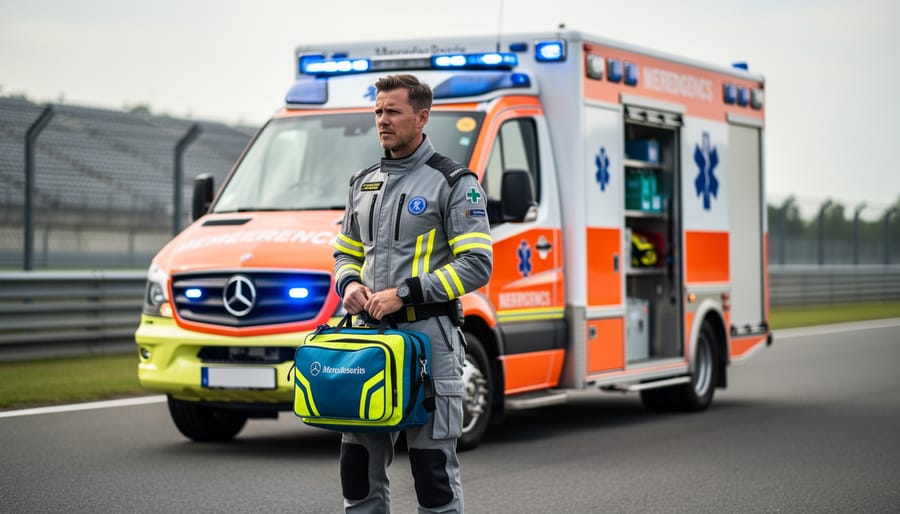 Medical responder in high-visibility gear standing beside an ambulance near a race track