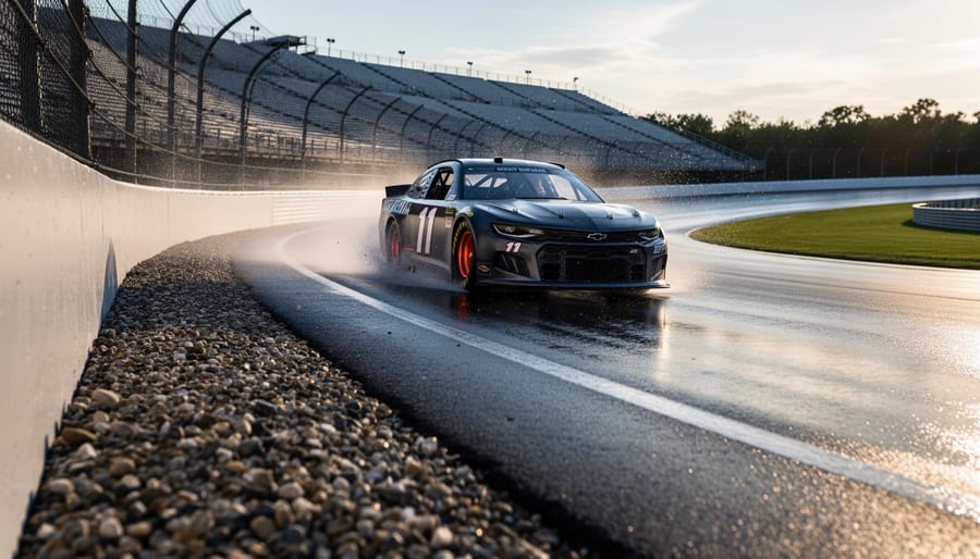 A NASCAR-style stock car mid-corner on a challenging road course with concrete barriers and gravel trap visible, photographed from a low trackside angle.