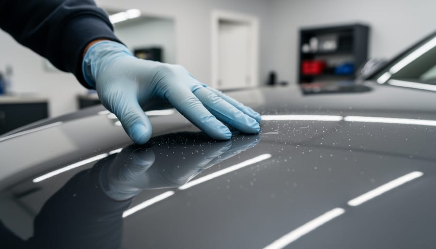 Microfiber mitt being used to feel for remaining grit on a pre-washed race car panel.