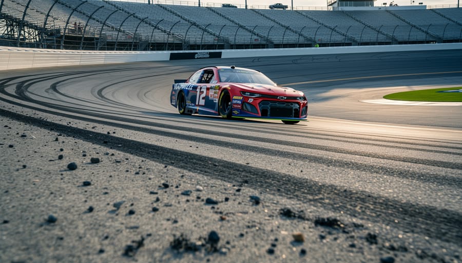 Low-angle view of a NASCAR stock car speeding on Nashville Superspeedway’s concrete banking with track texture and blurred grandstands in the background.