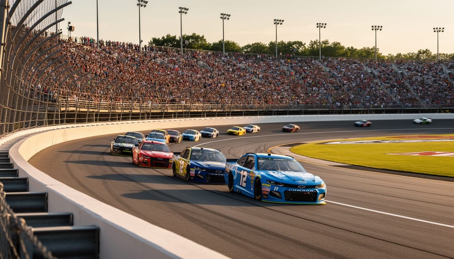 “Packed grandstands and stock cars racing through a left-hand turn at North Wilkesboro Speedway during NASCAR return event day”