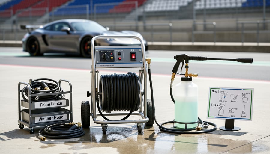 Pressure washer and snow foam lance setup spraying toward a race car in a paddock.