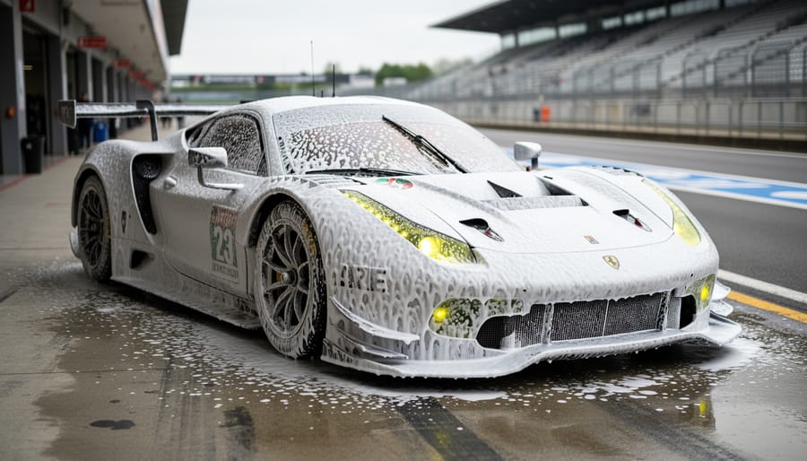 Race car covered in thick snow foam during a track day pre-wash in the paddock.