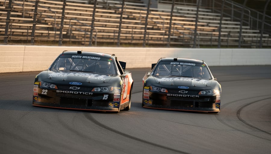 Race car sliding through a corner at North Wilkesboro Speedway with motion blur
