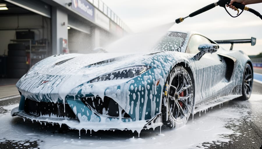 Close-up of a race car hood and front fender covered in thick snow foam during a safe pre-wash before contact cleaning.