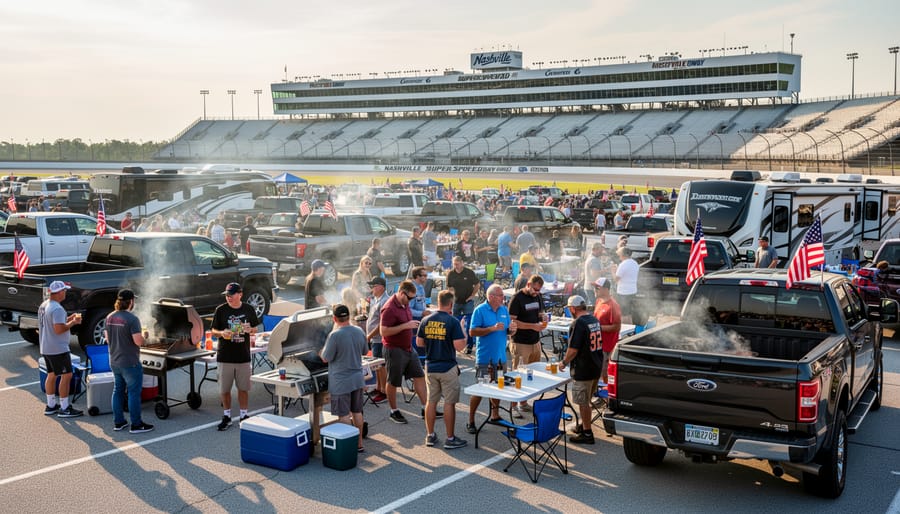 Tailgate setup with grills, coolers, and a Canadian flag near Nashville Superspeedway