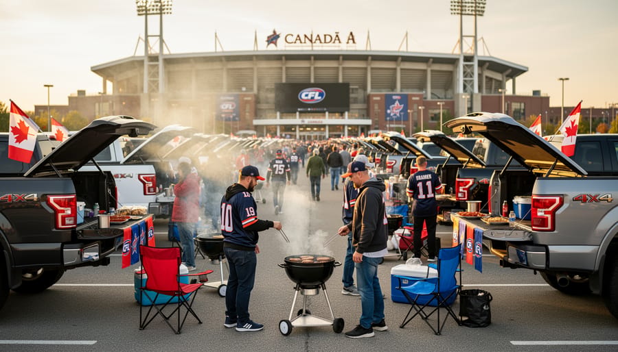 Tailgating scene outside a Canadian CFL stadium with a pickup truck, grills, folding tables, and fans in jerseys