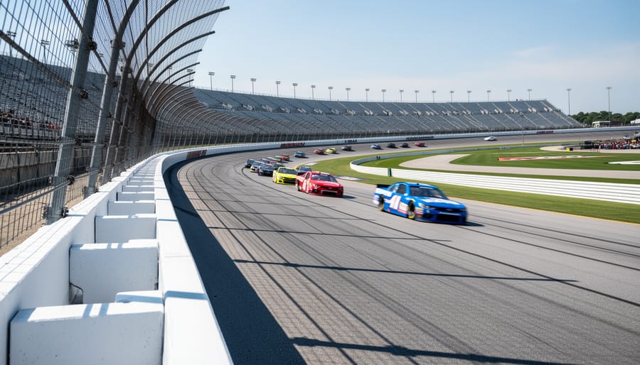 Stock cars speed through Talladega Superspeedway’s high-banked tri-oval in a tight drafting pack under sunny skies.
