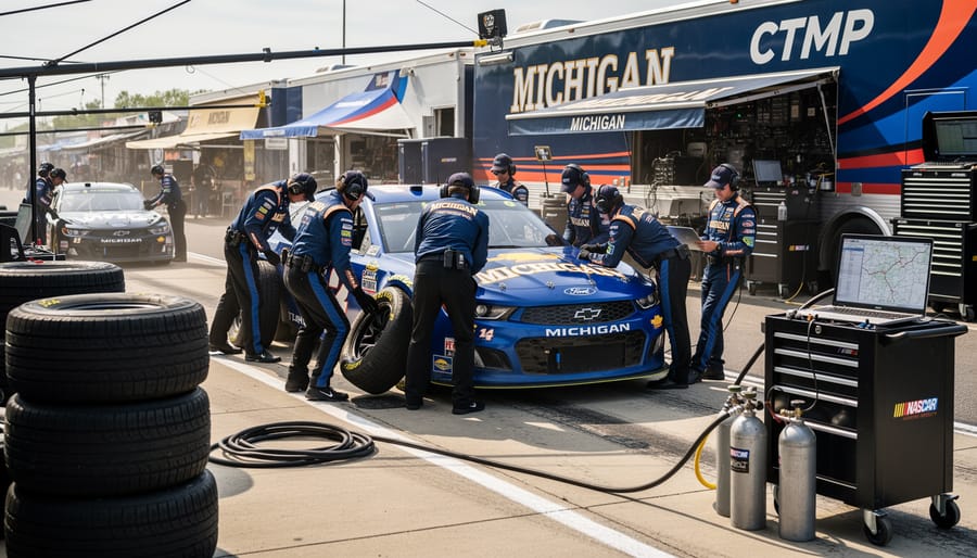 Team crew members working in a NASCAR-style garage/pit area next to an open pit box and stock cars.