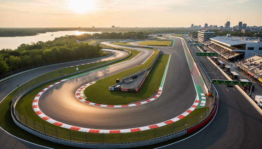 View of Circuit Gilles-Villeneuve track and grandstands in Montreal during the morning