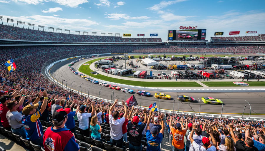Wide view of an empty NASCAR speedway track at sunset with faint distant light trails