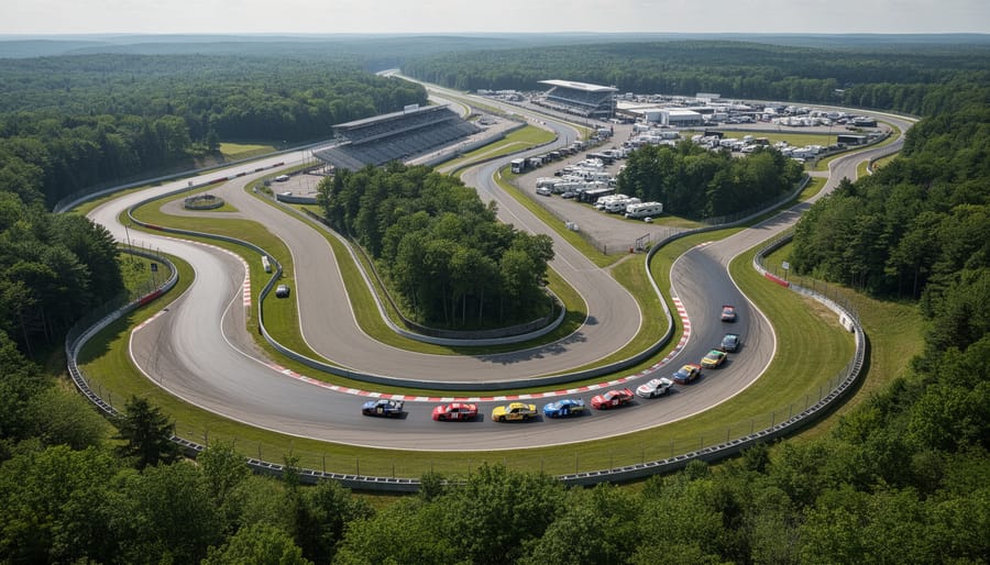 Wide view of Canadian Tire Motorsport Park road course with a stock car blurred in motion and grandstands in the background.