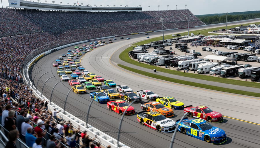 Wide view of Talladega Superspeedway grandstands and track with cars moving along the tri-oval.