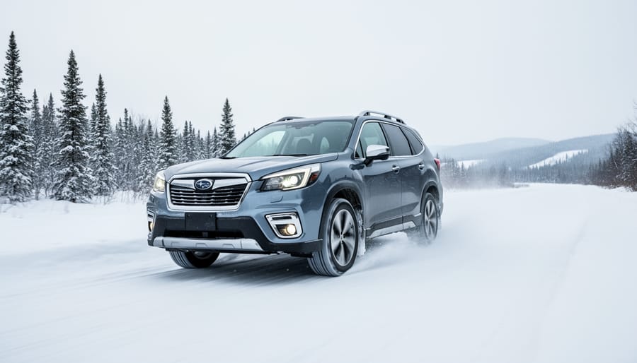 Silver SUV driving on a snowy Canadian highway at dusk with headlights on and visible tire tracks.