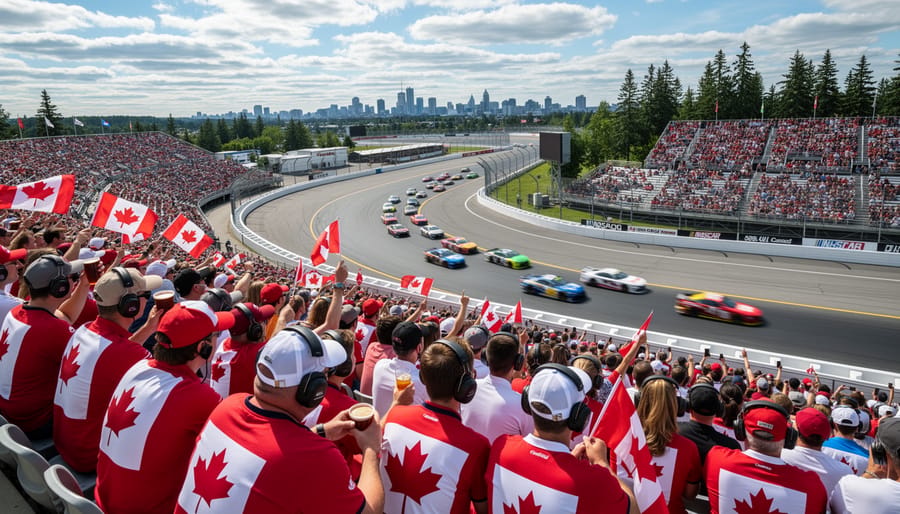 Canadian motorsport fan in a stadium grandstand looking out over a road course race track