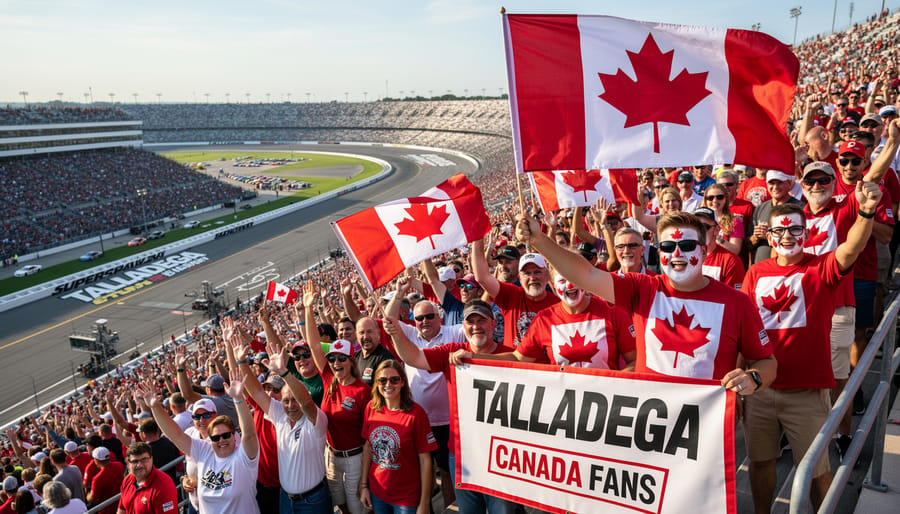 Motorsports fan in Canadian-themed colors watching the race at Talladega Superspeedway with a flag