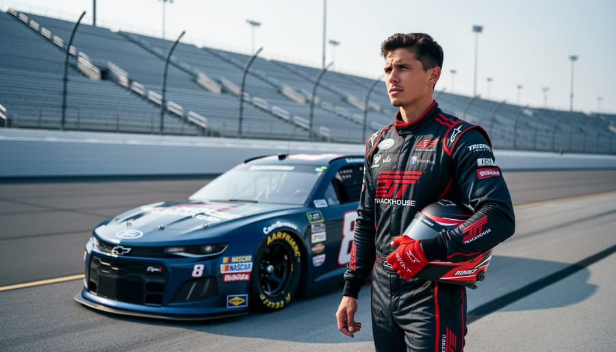 Young NASCAR driver in a racing suit posing beside a Trackhouse-style stock car on a racetrack with blurred stadium and pit background.